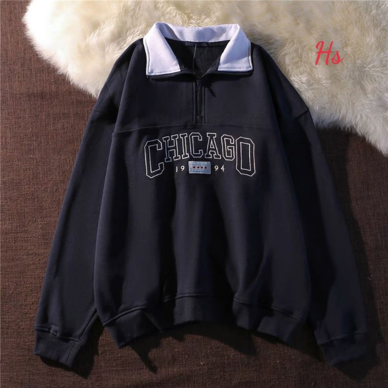 Áo khoác nữ, áo sweater nữ form rộng cổ khóa Chicagoo 1994 dưới 70kg màu xanh đen G062 | BigBuy360 - bigbuy360.vn