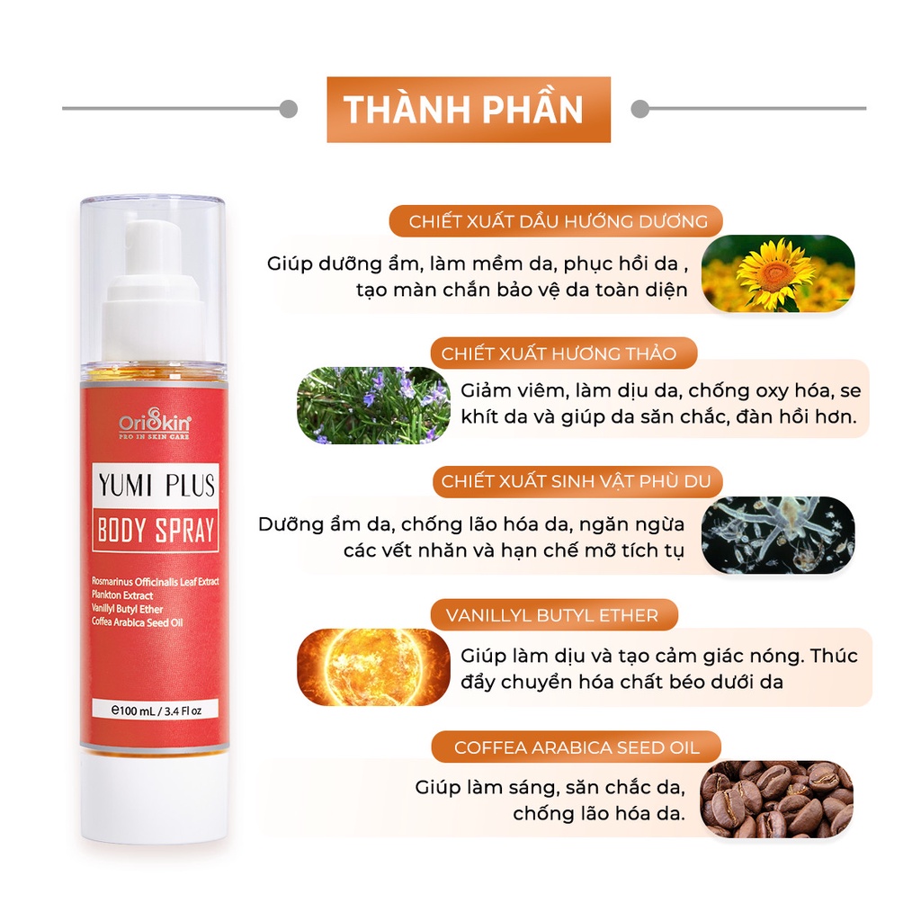Tinh Dầu Ủ Nóng Tan Mỡ Làm Tan Mỡ Cứng, Mỡ Lâu Năm Oriskin Yumi Plus Body Spray 100ml