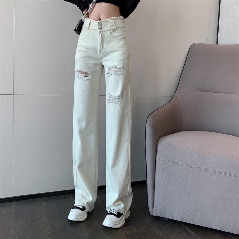 Quần Jeans Trắng Dài Ống Rộng Ullzang Quần Nữ Jean Rách Dáng Suông Ôm Eo Rẻ Đẹp 2021