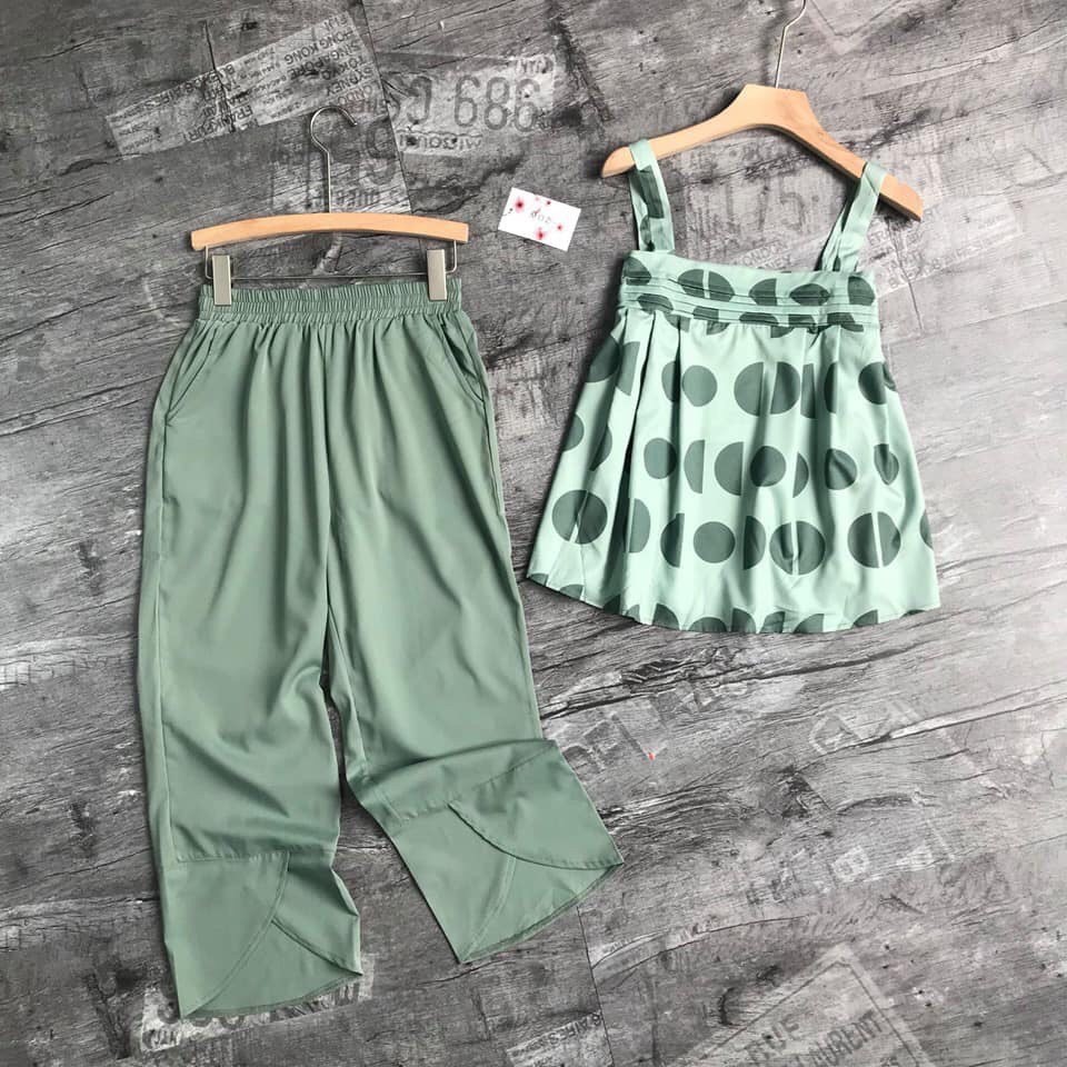 Set áo 2 dây chấm bi xanh