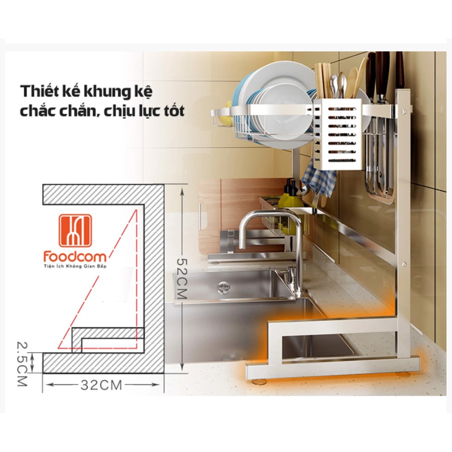 Kệ chén, sóng chén đa năng Foodcom, inox màu bạc cao cấp chống rỉ sét, dài 86-106cm,TẶNG KÈM khăn lau bếp
