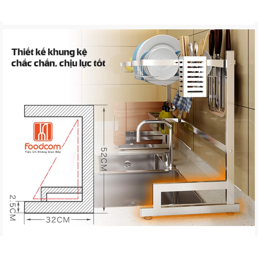 [Xuất Nhật] Kệ chén, sóng chén đa năng Foodcom, inox màu bạc cao cấp chống rỉ sét, dài 86-106cm,TẶNG KÈM khăn lau bếp