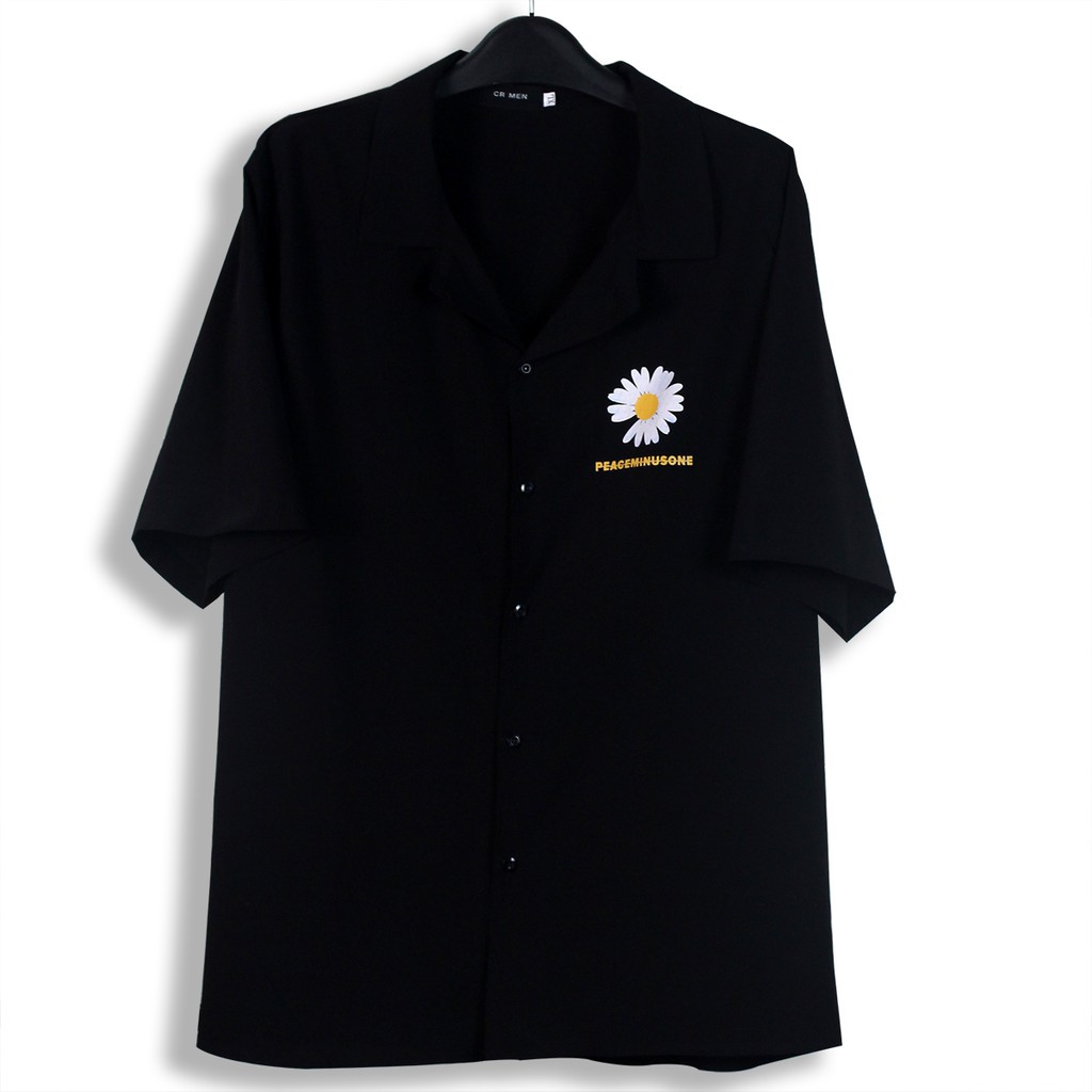Áo sơ mi Trắng Hoa Cúc Cổ Vest đen ngắn tay form rộng unisex nam nữ vải lụa