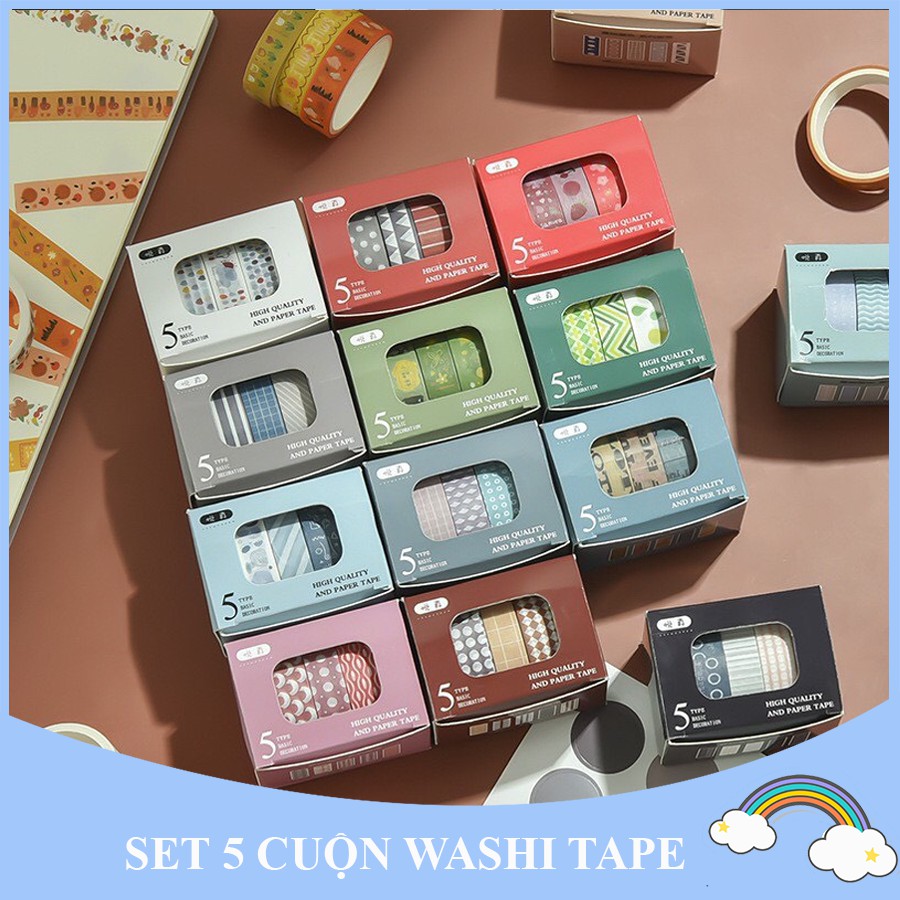 [Quà Tặng là 1 bìa Stick mèo] Set 5 cuộn washi tape chất liệu bằng giấy