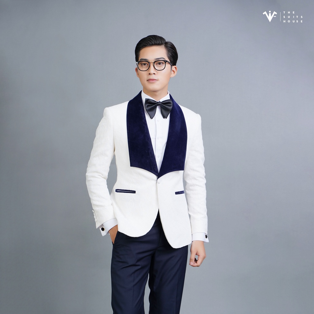 [Mã BMLT50 giảm đến 50K đơn 300K] Bộ tuxedo nam trắng ve xanh, cổ sam khuyết, chất Nhung gấm, chuẩn form The Suits House