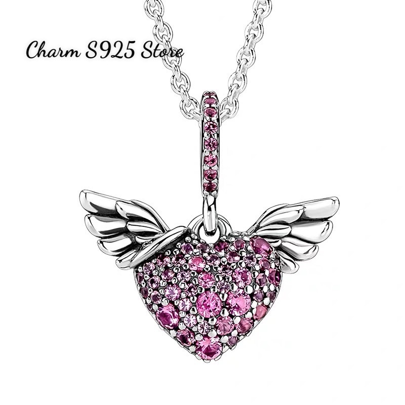 CHARM PAN ALE TREO ĐÔI CÁNH TIM ĐÍNH ĐÁ HỒNG BẠC S925 CAO CẤP