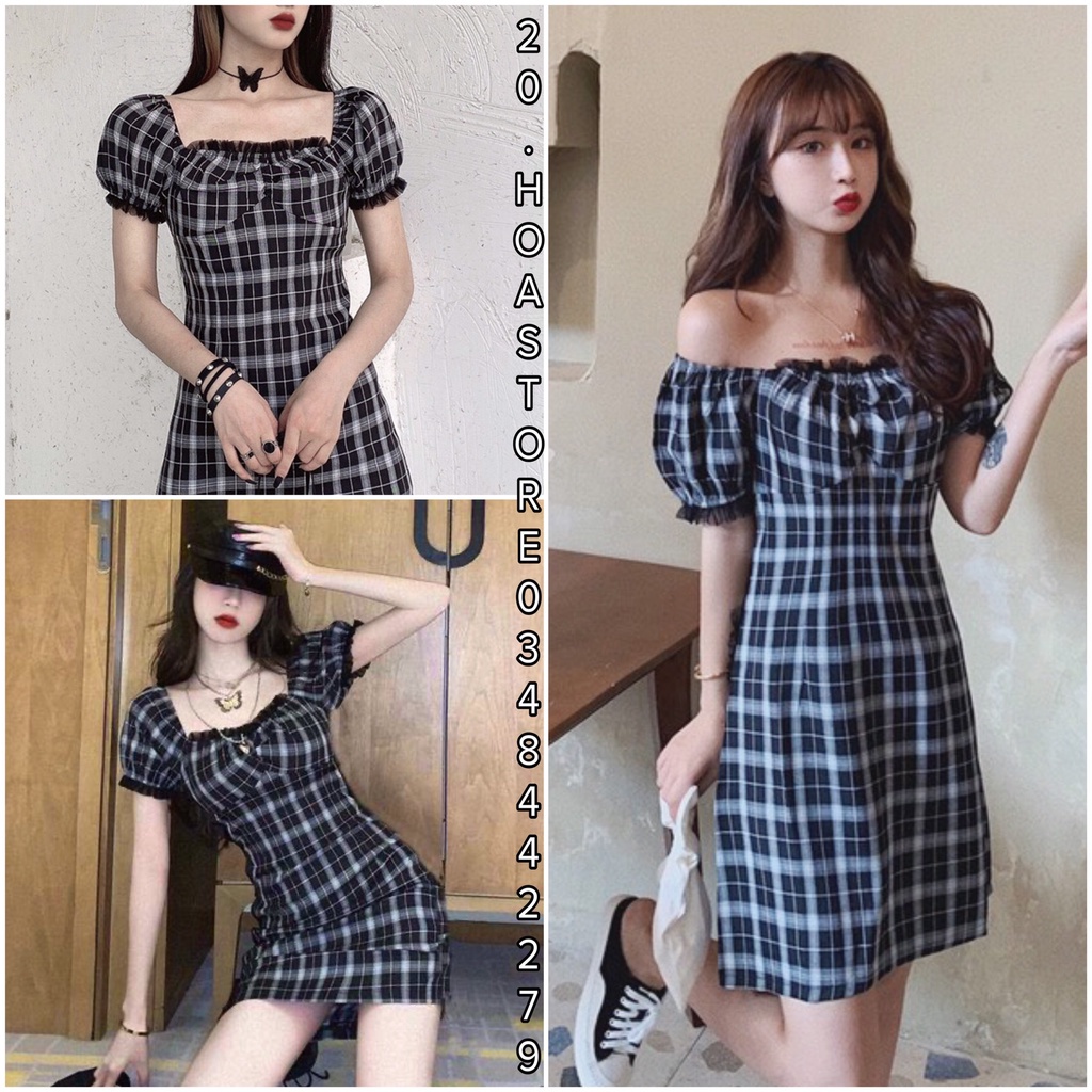 Váy Kẻ Caro Đen Viền Bèo Ngực Tay Trễ Vai - Đầm Nữ Caro Kẻ Cổ Vuông Khóa Kéo Mặc 2 Kiểu