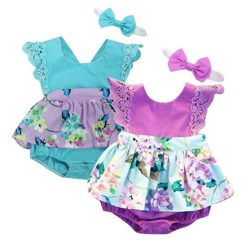 Bộ bodysuit một mảnh bông cotton in hoa + băng đô dễ thương cho bé sơ sinh