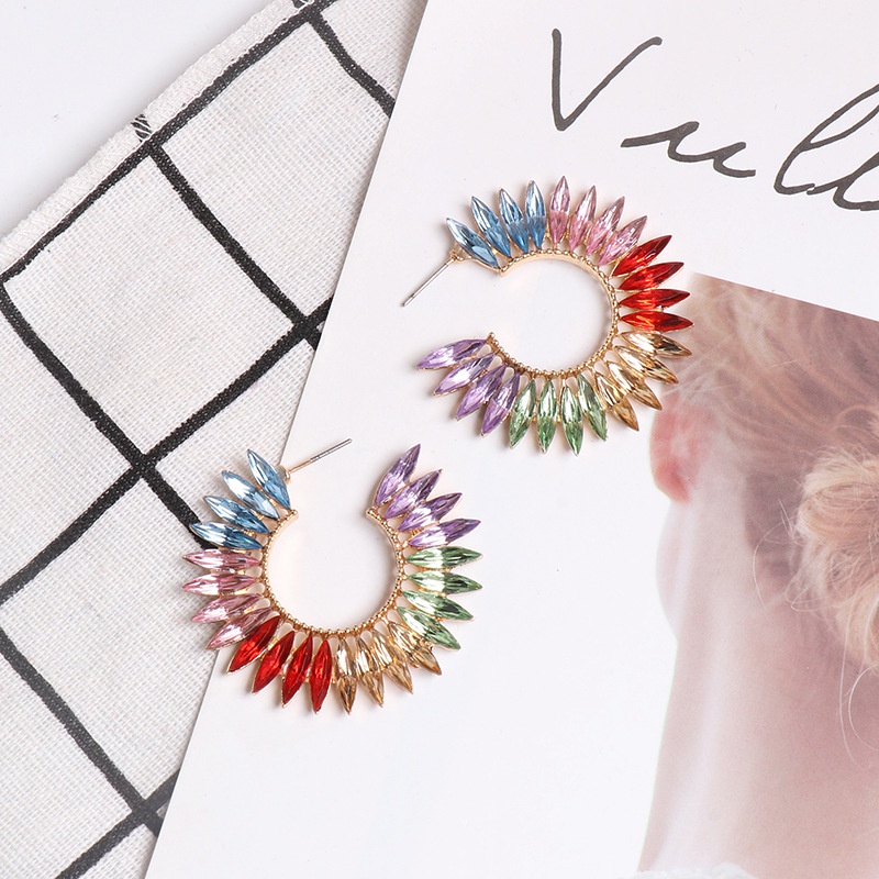 Khuyên tai Pinkdudu PD321 dáng tròn lớn đính đá pha lê nhiều màu phong cách bohemia thời trang cho nữ