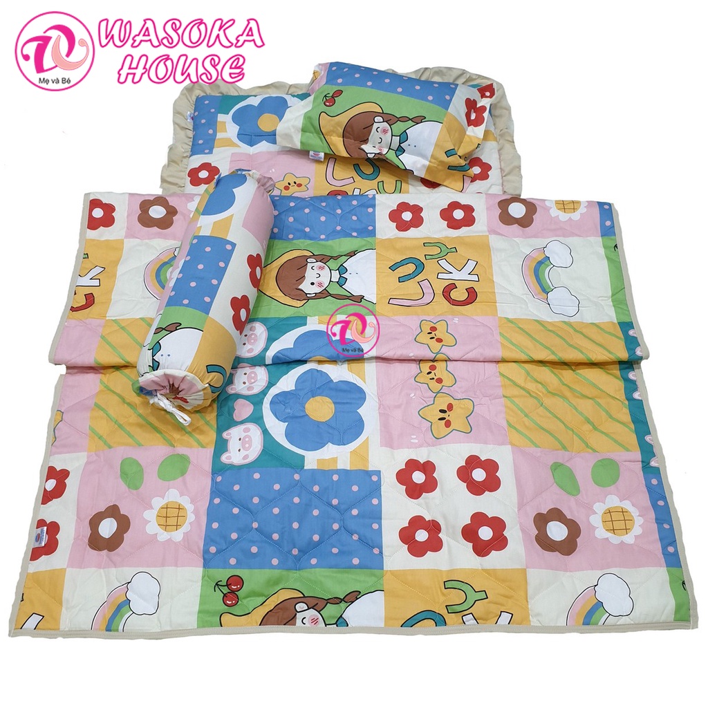 Bộ gối nệm kèm mền cho bé từ 1-4 tuổi, [Tặng kèm túi]nệm bèo xinh xắn, vải cotton thoáng mát nhiều họa tiết đáng yêu
