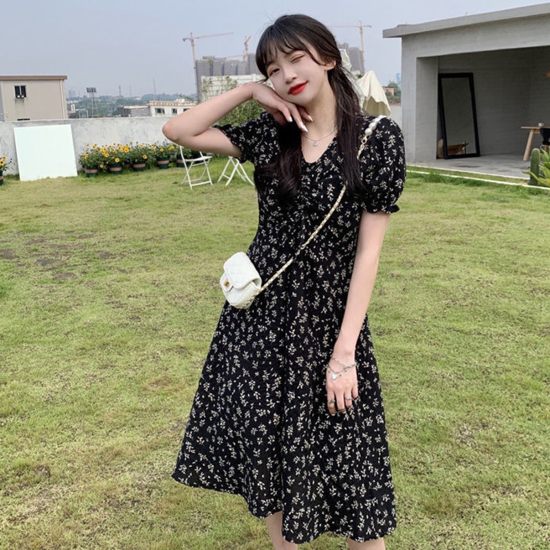 Đầm Hoa Ngắn Tay Thời Trang Xinh Xắn 153201 Đầm Dài Qua Gối Cổ Chữ V Thời Trang Thanh Lịch Dành Cho Nữ