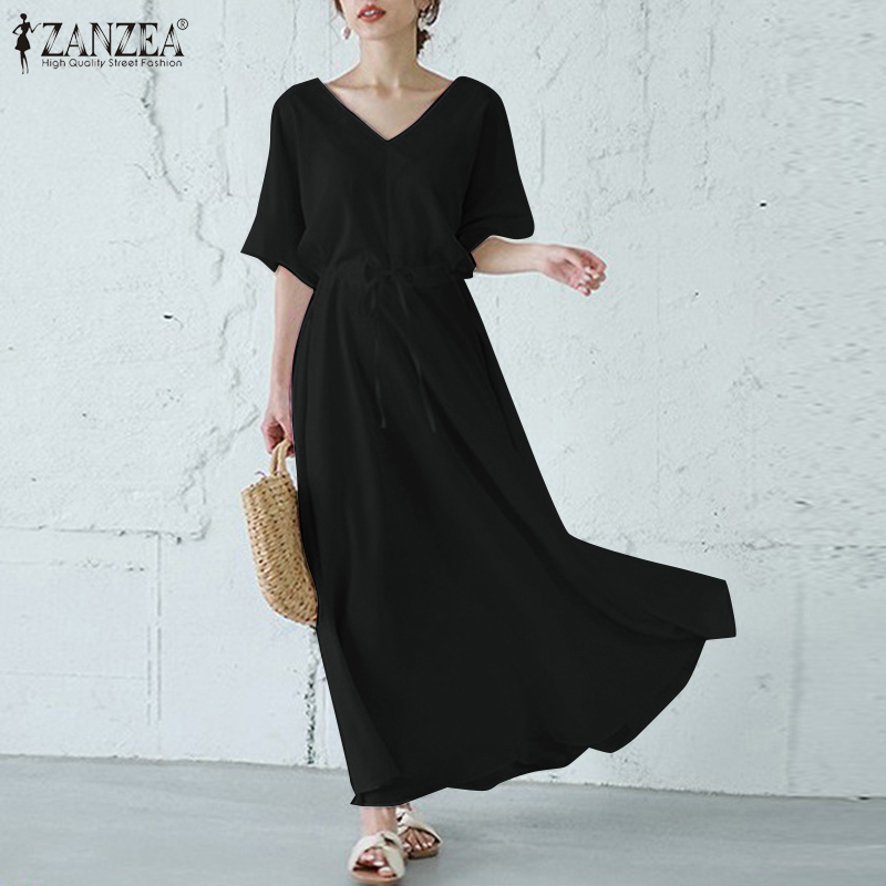 ZANZEA Women's Casual Waist Drawstring V-Neck Solid Color Short Sleeve Dress | BigBuy360 - bigbuy360.vn