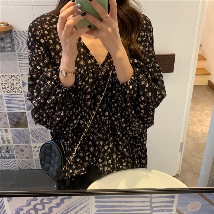 SUXI Áo sơ mi tay dài cổ chữ V hoạ tiết hoa phong cách Hàn Quốc