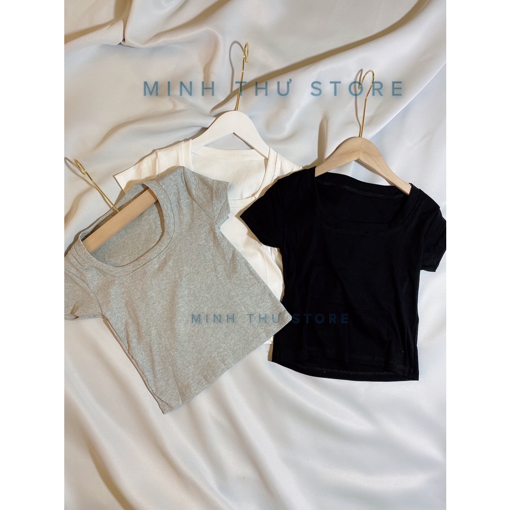 Áo Thun Croptop Nữ Cổ Vuông Cotton Dày Mịn Cực Đẹp, Áo Thun Nữ Tay Cộc Croptop