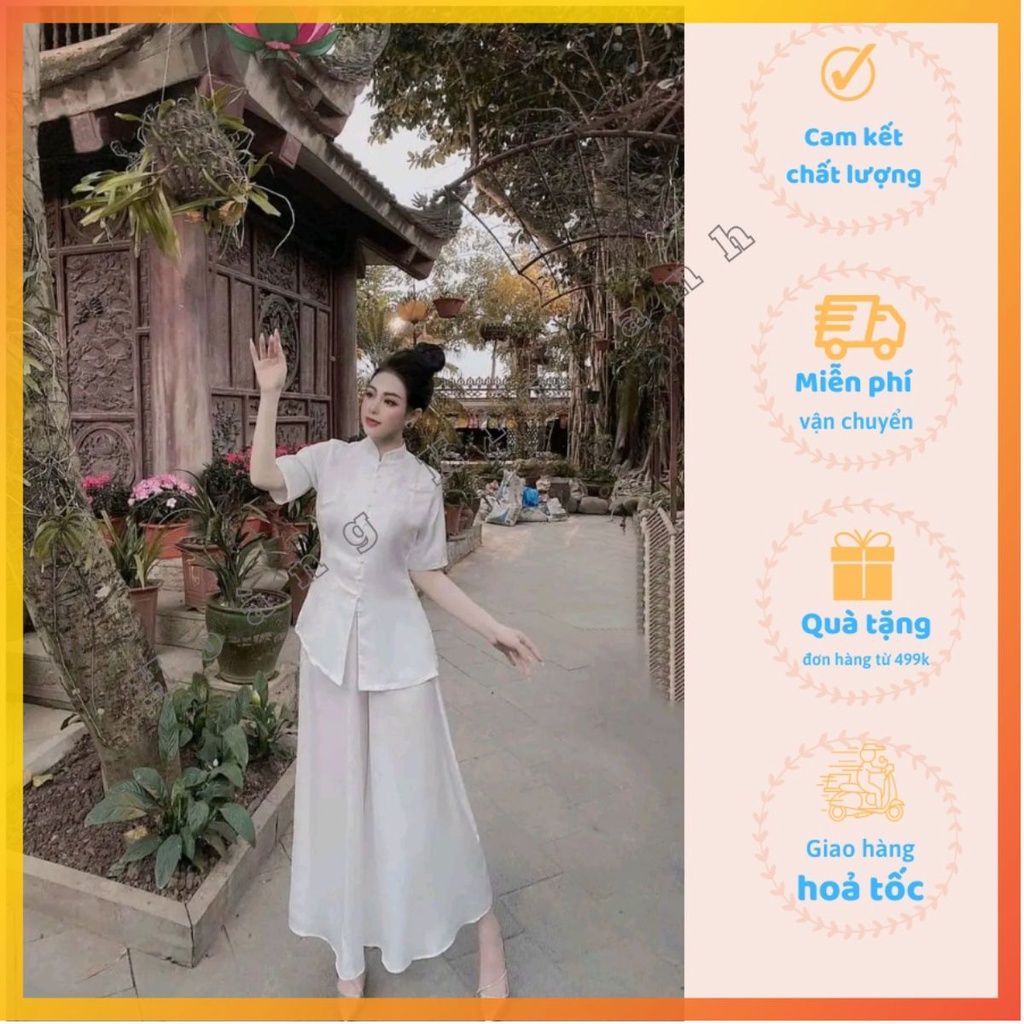 Áo bà ba lụa trơn đi lễ chùa thiết kế quần ống rộng màu trắng cách tân đồ lam truyền thống hàng loại 1 may sẵn