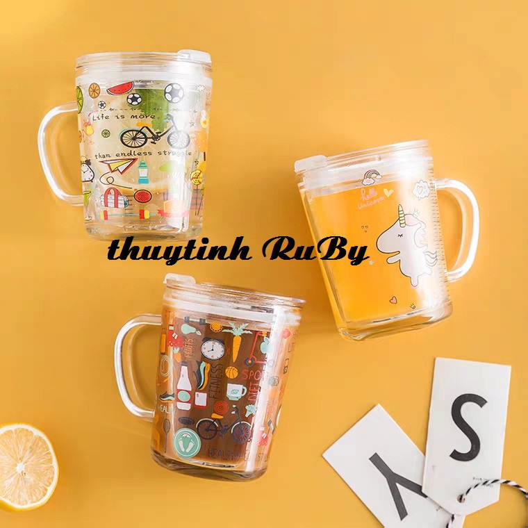 Bộ 2 Ly Quai Thủy Tinh Có Lỗ Ống Hút Uống Sữa 400ml, Ca Uống Nước Có Chia Vạch Đo