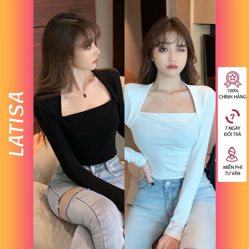 Áo croptop cổ vuông ôm body tay dài nữ trắng đen thun gân kiểu hàn quốc LATISA CRD09