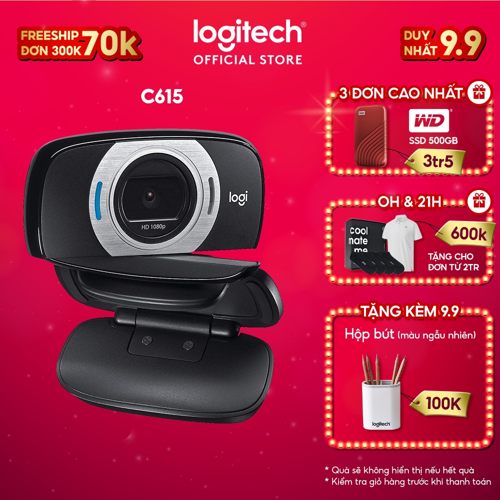 Webcam Logitech C615 1080p HD 30 FPS - Xoay 360o, tự động lấy nét, chỉnh sáng, mic giảm ồn