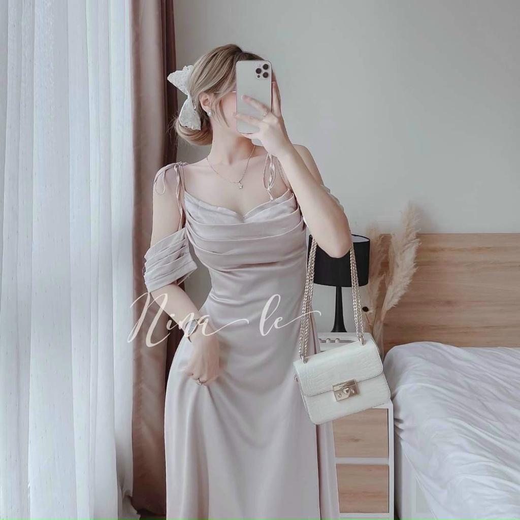 Đầm Hai Dây Nơ Vai Cổ Đổ Có Mút