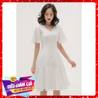 Đầm trắng tay cánh tiên HMC003 NV vải đũi nút bọc (Kèm ảnh thật feedback)