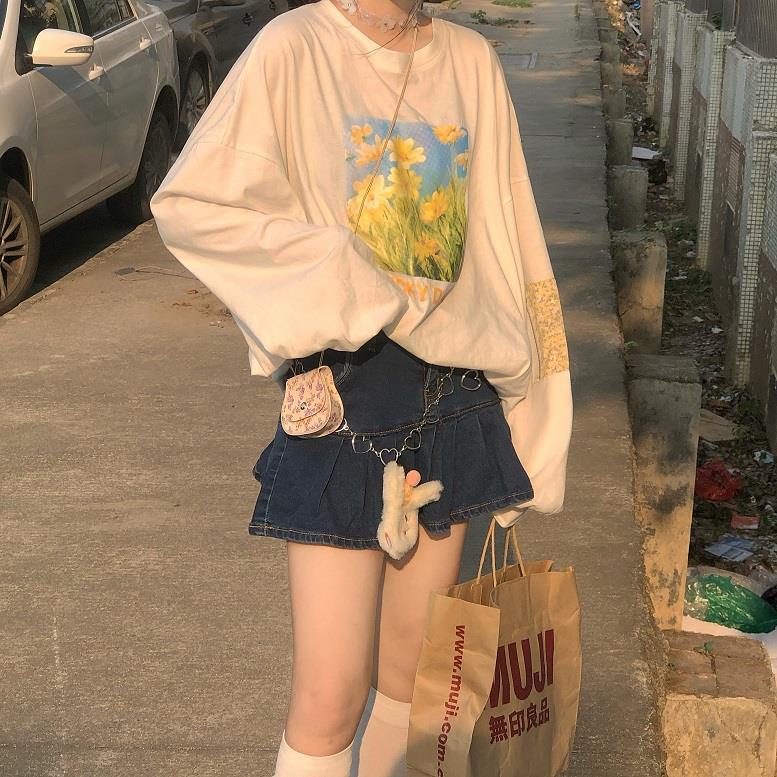 Mới Áo Thun Tay Dài Dáng Rộng In Hình Tranh Sơn Dầu Độc Đáo Hợp Thời Trang