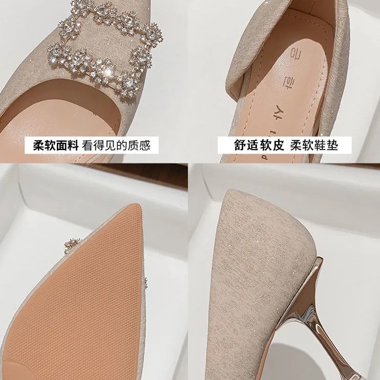 Giày cao gót mũi nhọn khóa vuông cỡ 7cm đính đá giả thời trang sang trọng cho nữ