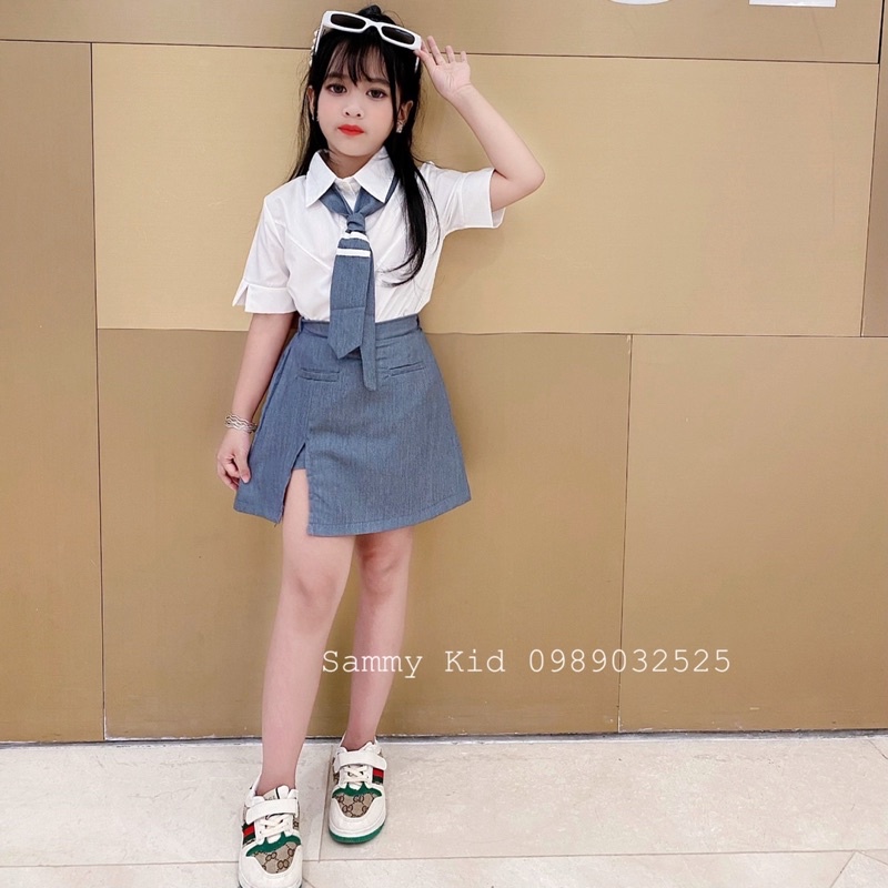 Set áo Sơ mi Thome Kèm Calavat quần váy xẻ cho bé gái size đại 16-40kg sang chảnh nữ tính