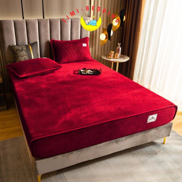 Ga gối nỉ nhung cao cấp 2022 họa tiết hình thoi - Bộ ga nỉ trải giường Timibedding