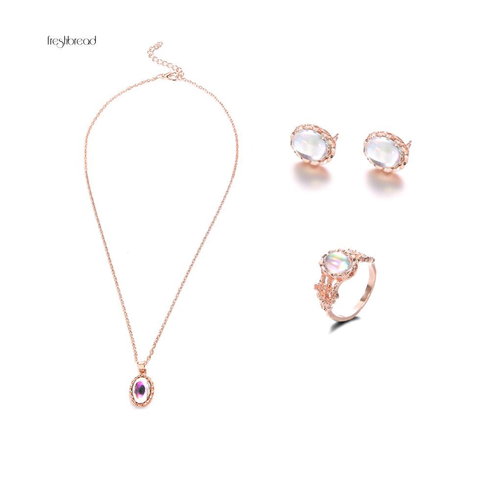 Set dây chuyền nhẫn và khuyên tai phối đá giả Opal thời trang phong cách