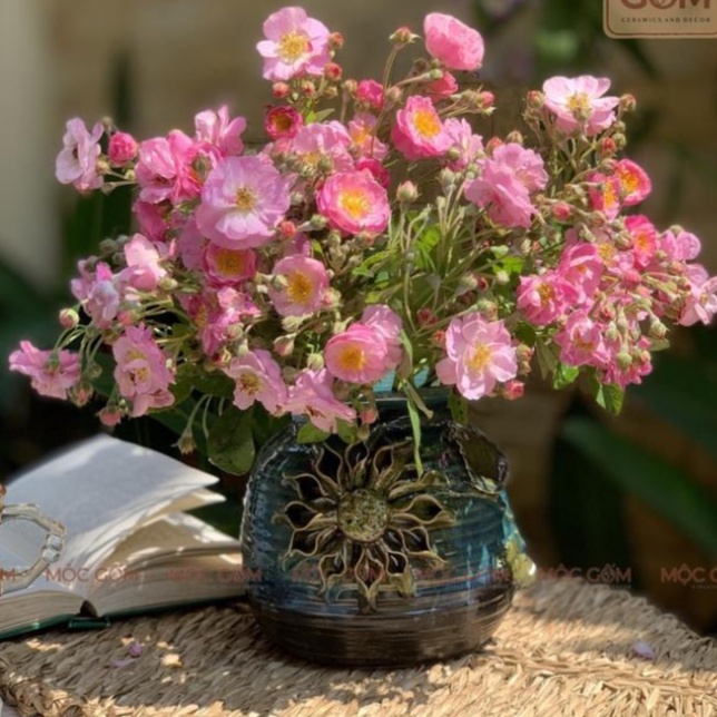 Bình gốm Bát Tràng men hỏa biến đắp nổi hoa hướng dương thủ công trang trí phòng khách đẹp