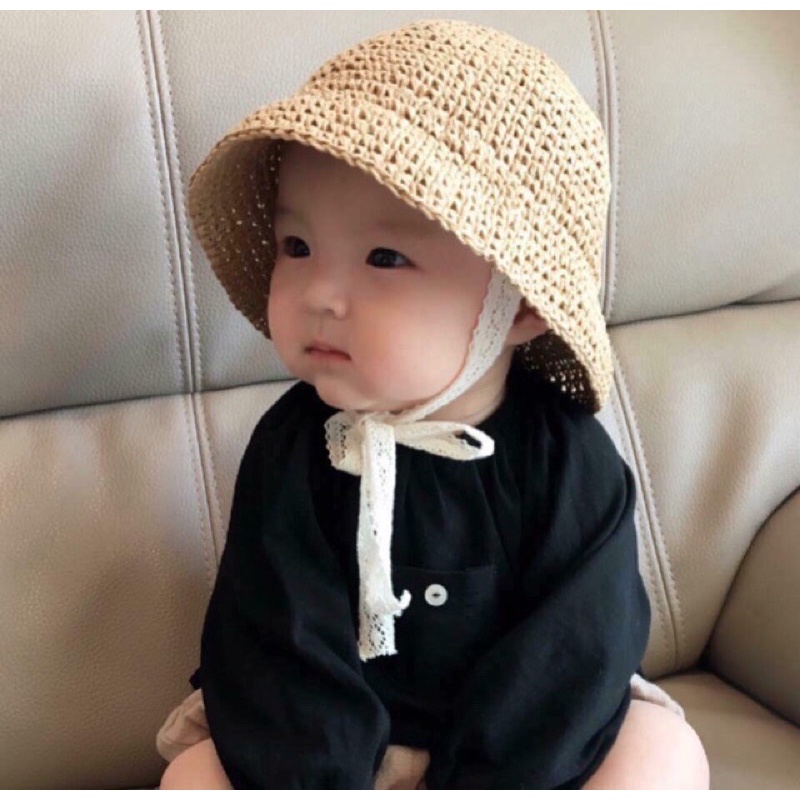 mũ cói ajuma phong cách hàn quốc cho bé