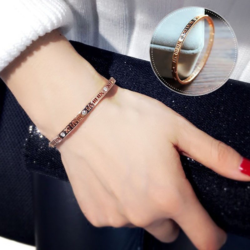 Vòng tay mạ vàng hồng 18k / bạc khắc chữ số la mã thời trang nam nữ phong cách Hàn Quốc