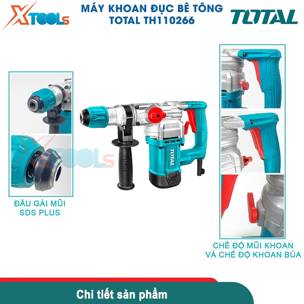 Máy khoan đục bê tông TOTAL TH110266 1050W, đầu gài mũi SDS plus, kèm 3 mũi khoan 2 mũi đục [CHÍNH HÃNG][XTOOLS]