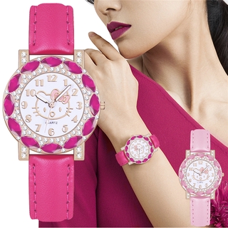 Đồng hồ đeo tay dây da mặt hình Hello Kitty đáng yêu cho nữ