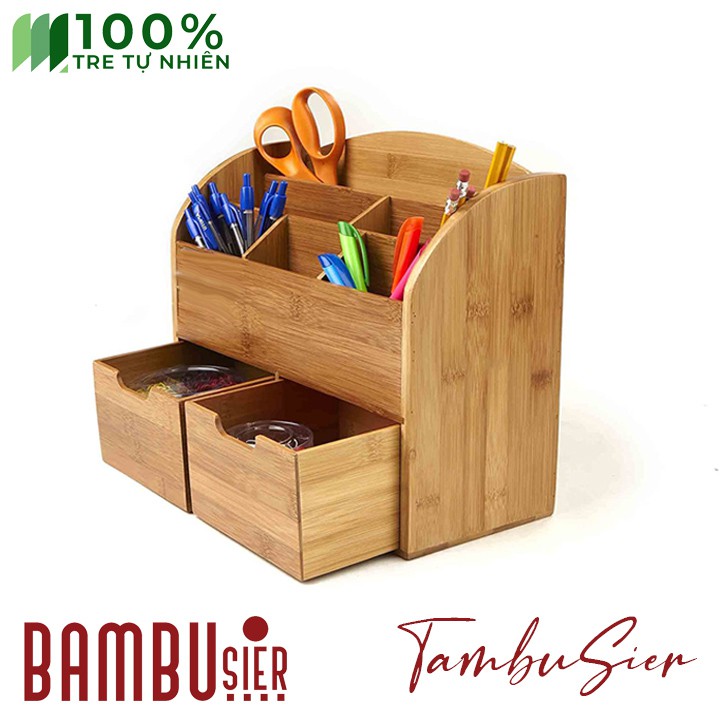 Kệ đựng bút dụng cụ văn phòng để đồ dùng học tập gỗ tre - 2 ngăn kéo [BOKETO-02]