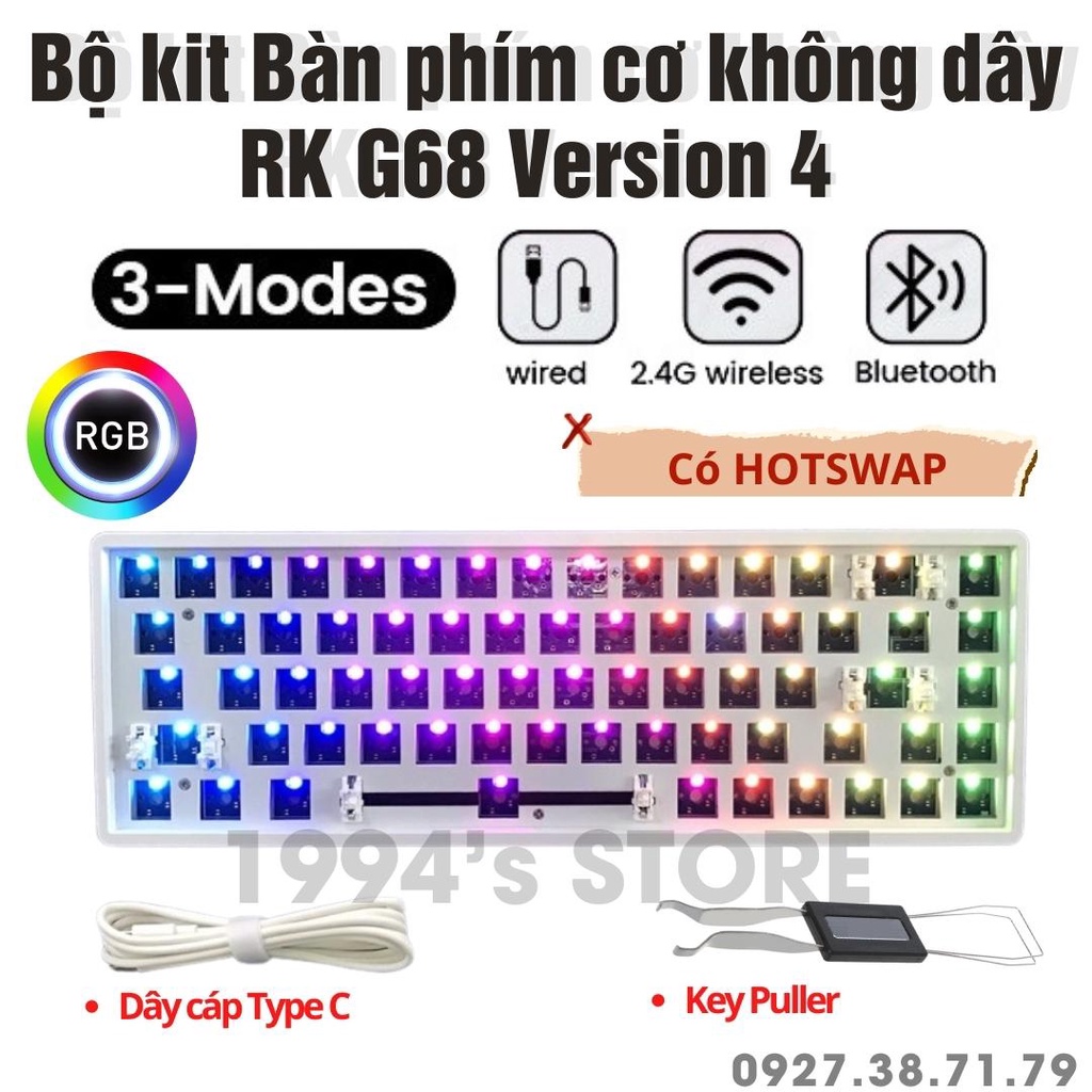 Bàn phím cơ không dây RK G68 Bluetooth 5.1 - Wireless 2.4G - Hotswap - Cable Type C - Led RGB có phần mềm tuỳ chỉnh