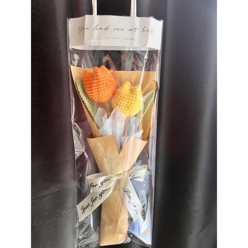 Hoa tulip len handmade tặng kèm túi kiếng, trang trí, quà tặng cho người thân và bạn bè
