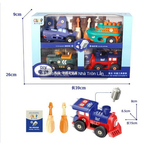 Bộ đồ chơi vặn ốc vít lắp ráp các loại phương tiện giao thông máy bay, tàu hỏa, xe oto, tàu thủy - 4 xe lắp pin vào chạy