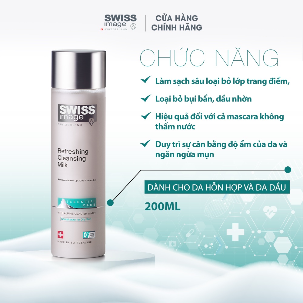 Sữa rửa mặt làm sạch ngừa mụn mềm mịn cho da hỗn hợp và da dầu Swiss Image Refreshing Cleansing Milk 200