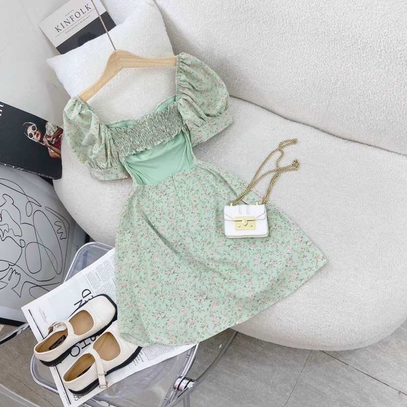 ĐẦM VÁY XANH HOA NHÍ CÓ MÚT ĐỆM 2 LỚP