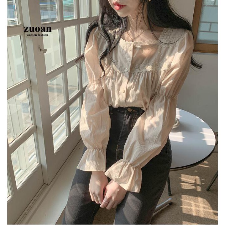 Áo babydoll viền ren bo tay ,Áo sơ mi nữ cổ bèo tay FREESHIP 50K A010