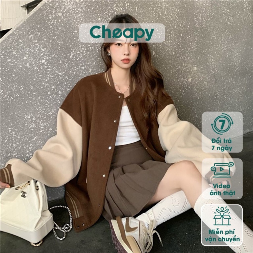 Áo khoác nỉ bomber trơn 2 màu nâu đen phối tay Cheapy unisex mặc đôi nam nữ phom rộng bo dệt phong cách hàn quốc C694