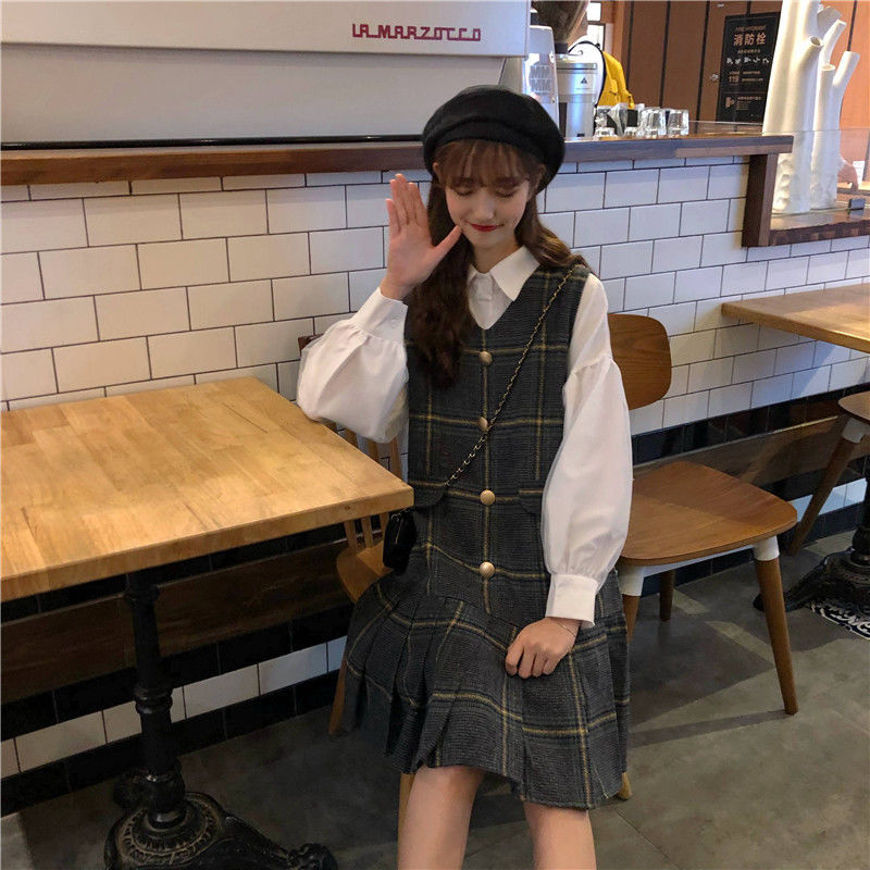 Set Đầm ôm Ca Rô Dài Tay Cổ Bẻ + Áo Khoác Cộc Tay Cổ Bẻ Thời Trang Cho Nữ