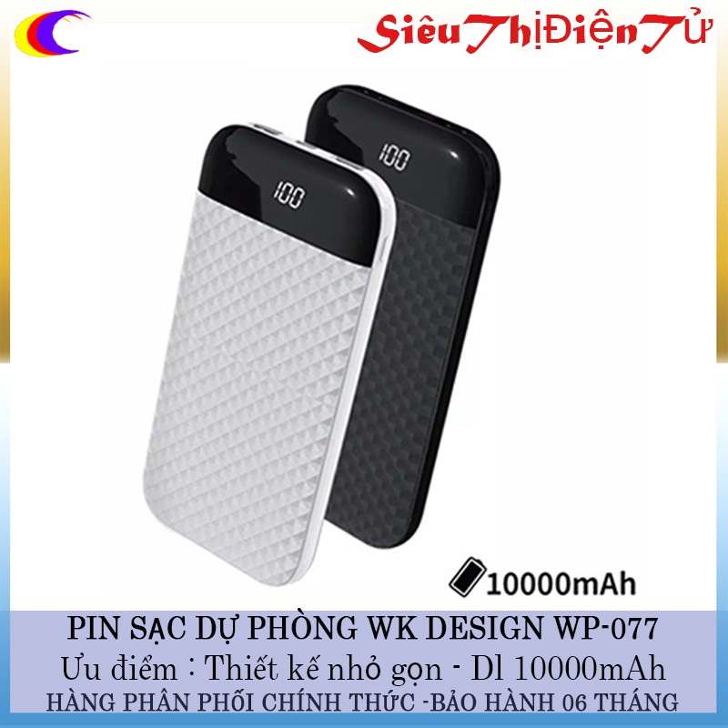 Pin sạc dụ phòng WK DESIGN WP-077 dung lượng 10000mAh có 3 cổng và đèn LED hiển thị dùng lượng pin