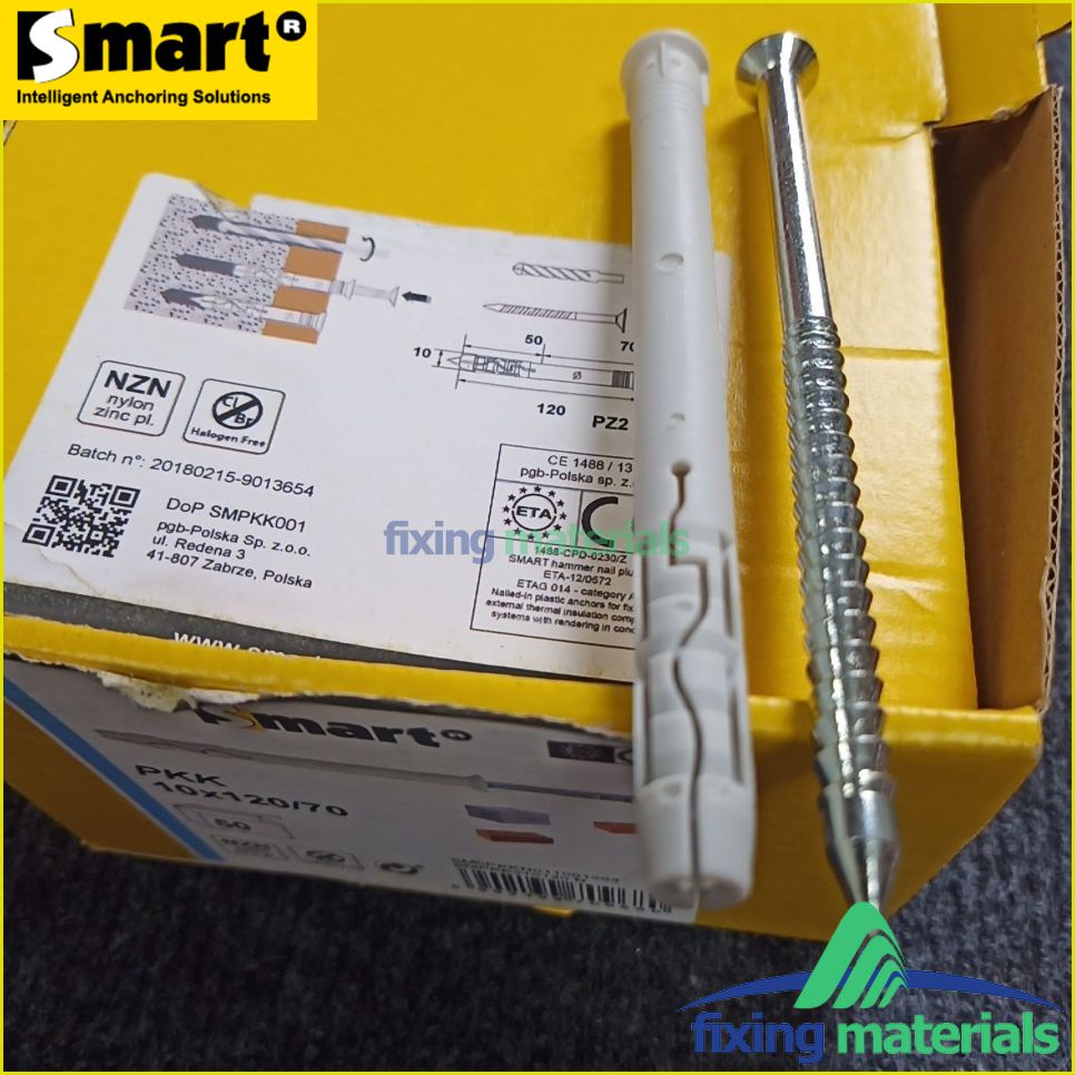 Tắc kê đóng cao cấp kèm vít hiệu Smart, PKK 10x120/70, lắp khung cửa (Nhựa PA6, Vít cường lực, Made in EU)