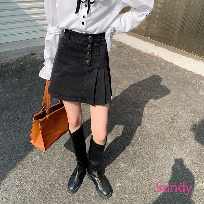 Chân váy jean dáng chữ a lưng cao xếp ly thời trang mùa hè cho nữ