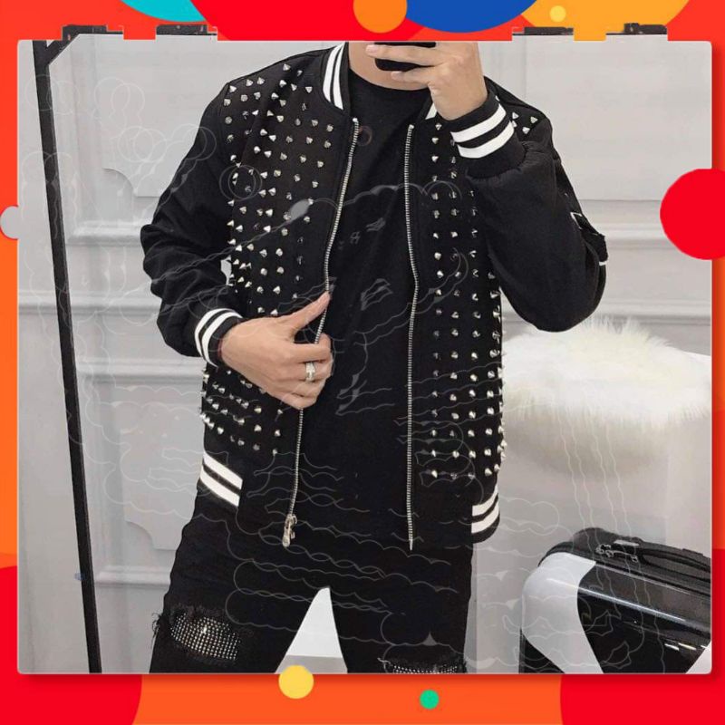 Áo khoác bomber nam nữ tay da đính đá AB02