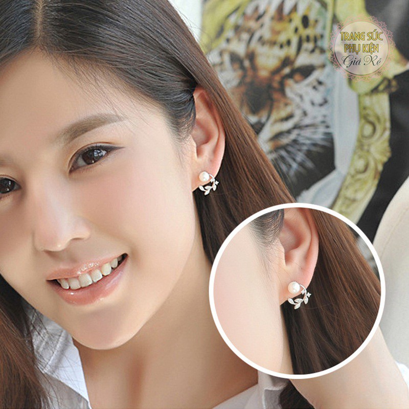 Bông tai thời trang Hàn chiếc lá và hạt châu bạc Ý S925- HT174