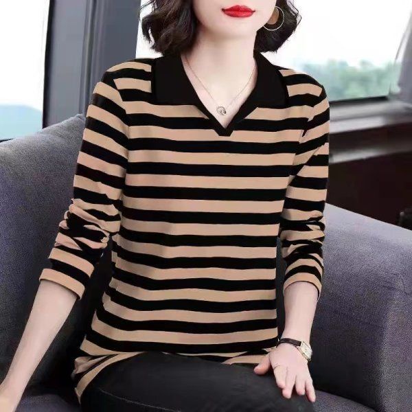 Áo Thun Nữ Dài Tay Cổ Bẻ Form Rộng Họa Tiết Kẻ Sọc Thời Trang Mùa Thu Mới