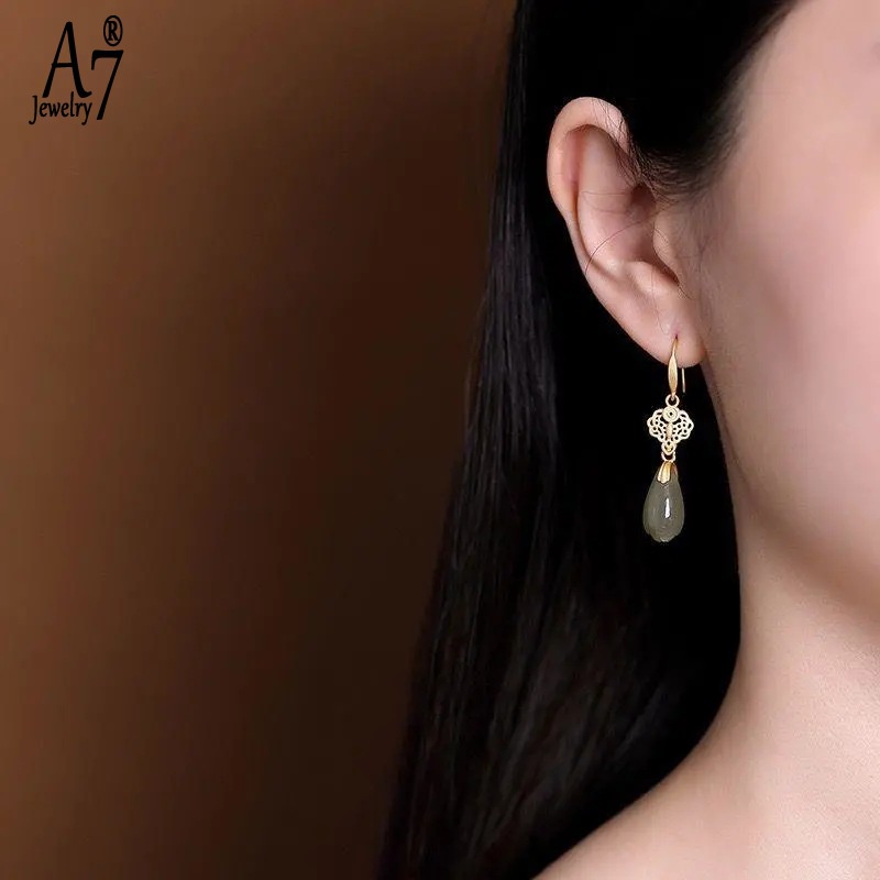 Bông Tai Bạc S925 Đính Ngọc Bích Kiểu Vintage Dễ Thương Cho Nữ